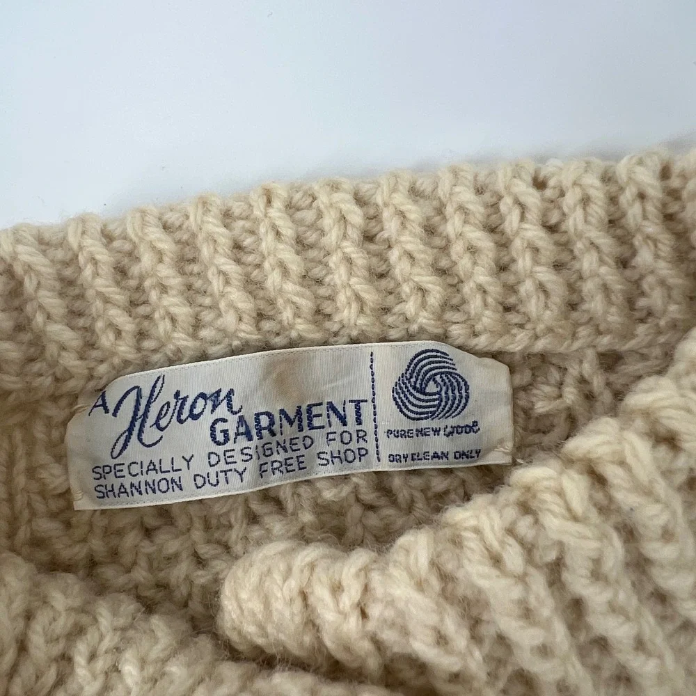 Heron Garment Vintage Aran Wool Cardigan Sweater Irish Cable Knit Cream Shannon